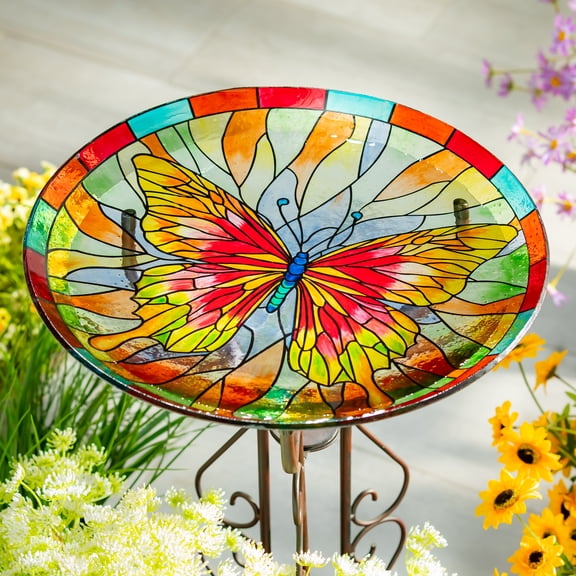 Pollinator Garden Birdbath, Stained Glass Butterfly Birdbath, 18"