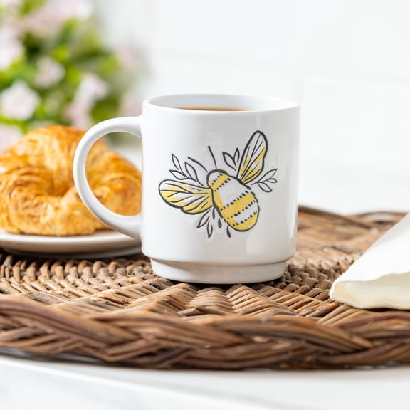 Pollinator Garden Coffee Cup Ceramic Artisanal, Bee Yellow, 14oz, Gift Box