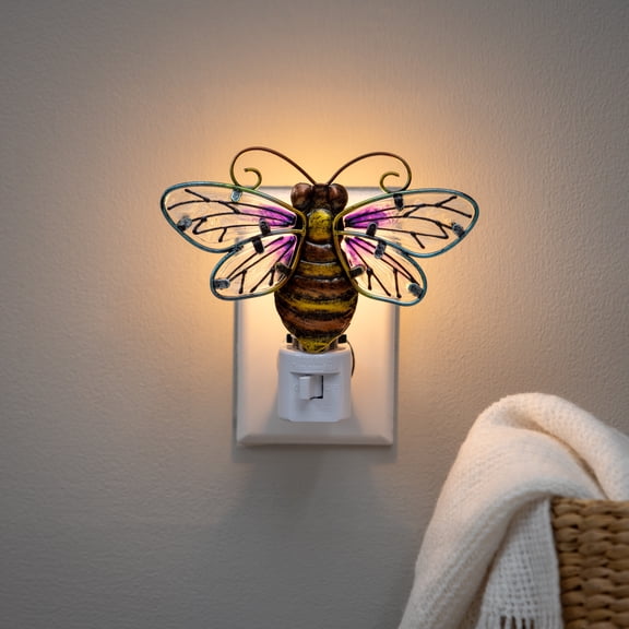 Pollinator Garden Nightlight Glass and Metal Bumble Bee, 5.5"L