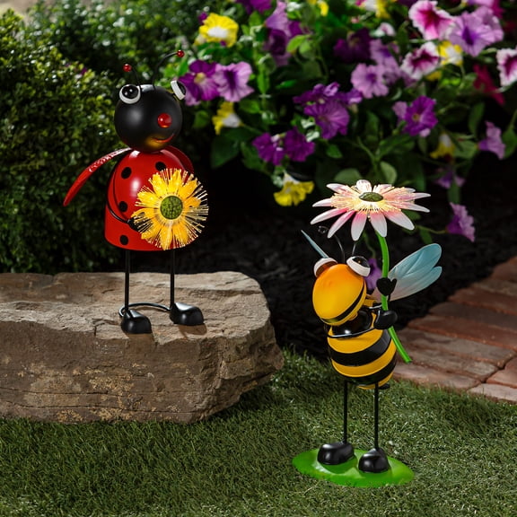 Pollinator Garden Statue, Solar Metal Bee & Ladybug With Fiber Optic, 2 Asst.,, 14"H