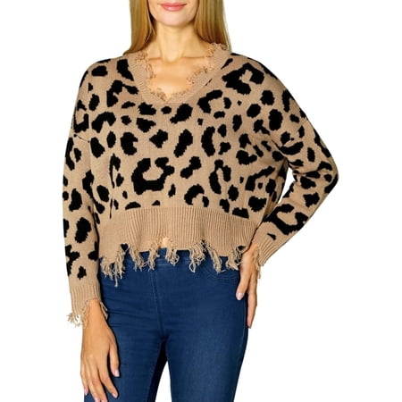 Polly & Esther Juniors Destructed Animal Print Sweater