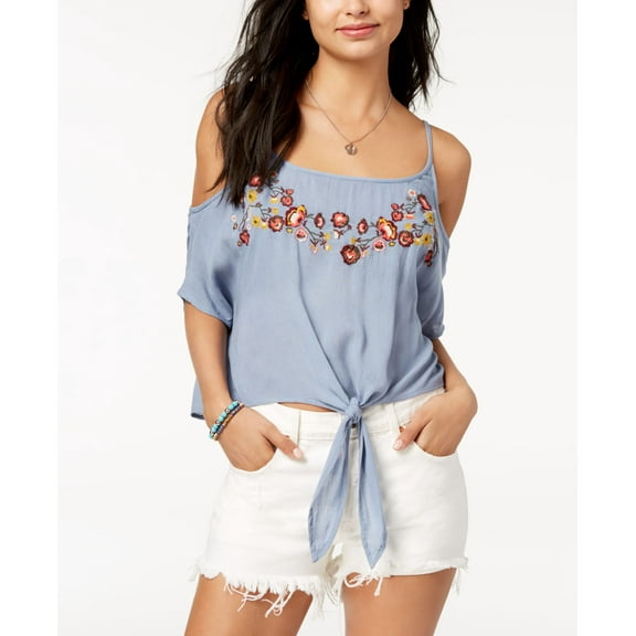 Polly Esther Juniors Embroidered Cold Shoulder Top Blue S