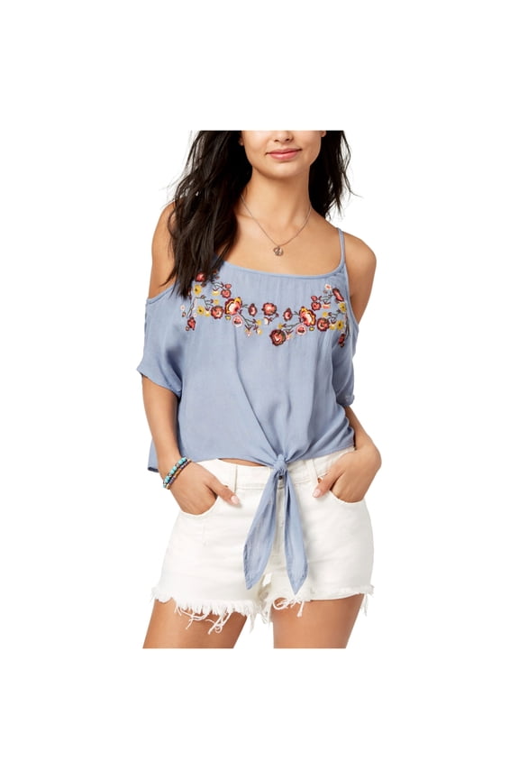 Polly Esther Juniors Embroidered Cold Shoulder Top Blue XL