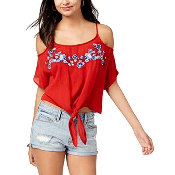 Polly & Esther Juniors' Embroidered Cold-Shoulder Top (Red, M)