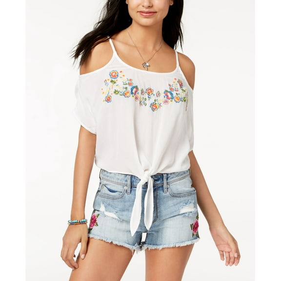 Polly Esther Juniors Embroidered Cold Shoulder Top White S