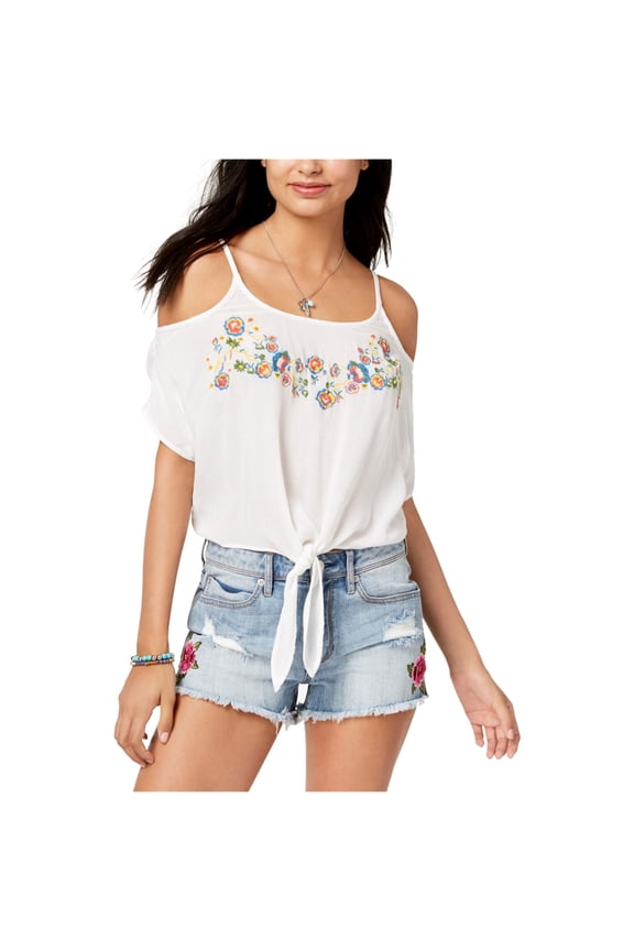 Polly Esther Juniors Embroidered Cold Shoulder Top White XL