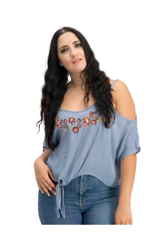 Juniors Embroidered Cold-Shoulder Top