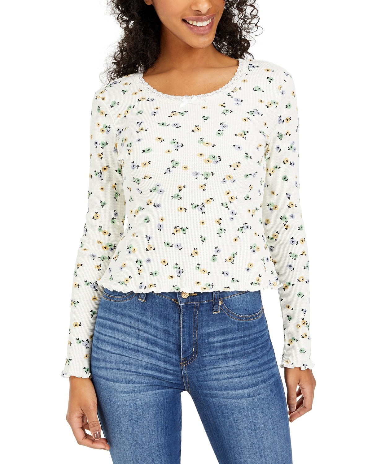 Polly & Esther Juniors' Lace-Trim Floral-Print Thermal Top White