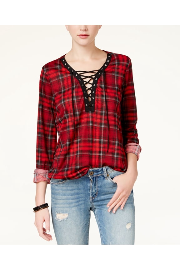 Polly Esther Juniors Lace Up Plaid Top Red Black S