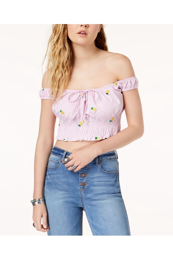 Polly Esther Juniors Off The Shoulder Crop Top Pink Pineapple Stripe L