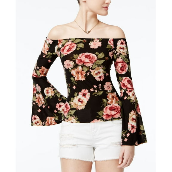 Polly Esther Juniors Off The Shoulder Floral Print Top Bell Blk Floral XS