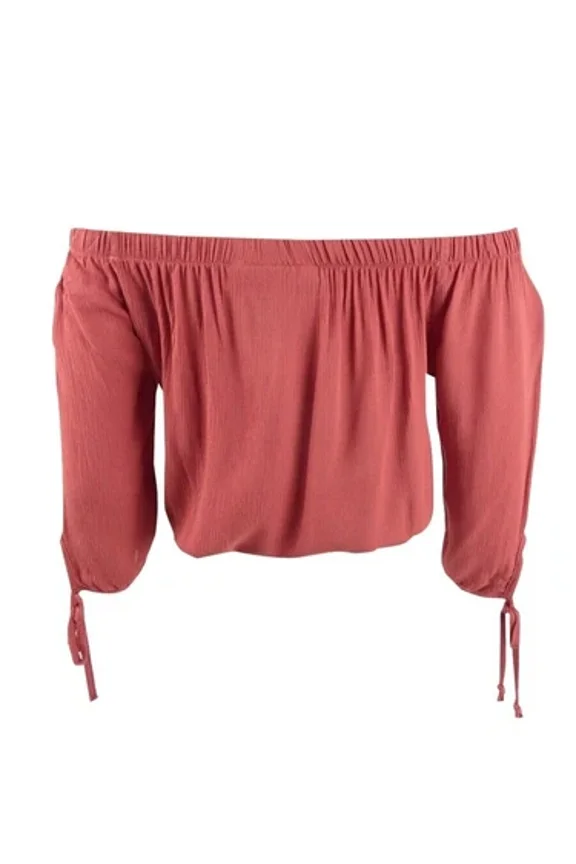 Juniors' Off-The-Shoulder Tie-Sleeve Crop Top - Rust- Medium