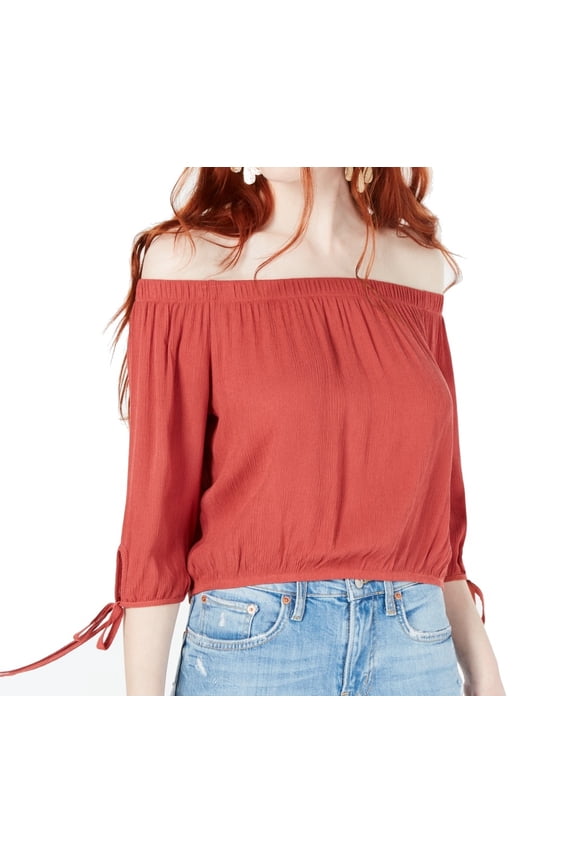Juniors' Off-The-Shoulder Tie-Sleeve Crop Top (S, Rust)