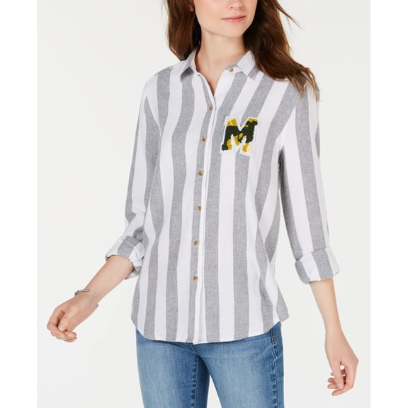 Polly Esther Juniors Plaid Patch Button Up Shirt Heather Stripe M