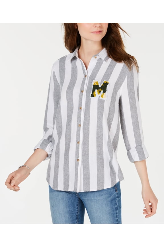 Polly Esther Juniors Plaid Patch Button Up Shirt Heather Stripe M