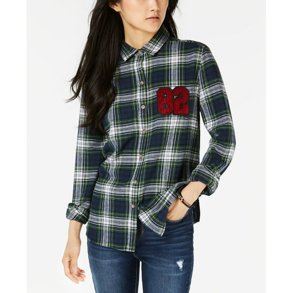 Polly & Esther Juniors' Plaid Patch Button-Up Shirt (Navy, L)