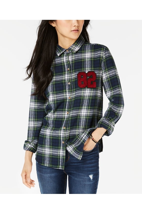Juniors' Plaid Patch Button-Up Shirt (Navy, L)