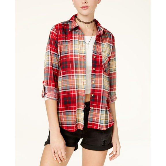 Polly Esther Juniors Plaid Roll Tab Shirt Red L