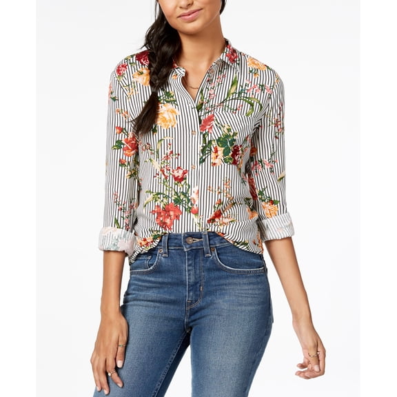 Polly Esther Juniors Printed Blouse Black Floral Stripe S