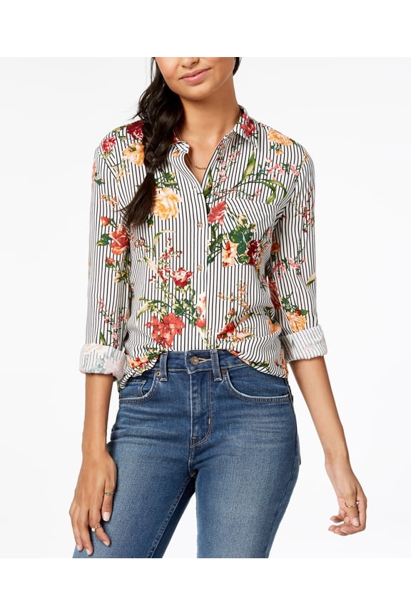 Polly Esther Juniors Printed Blouse Black Floral Stripe S