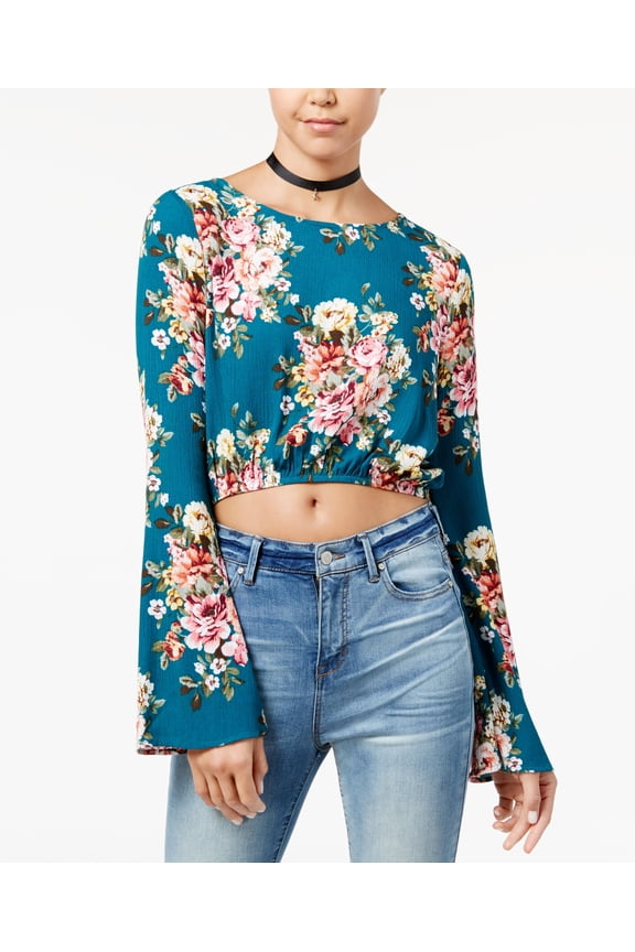 Polly Esther Juniors Printed Split Back Crop Top Teal S