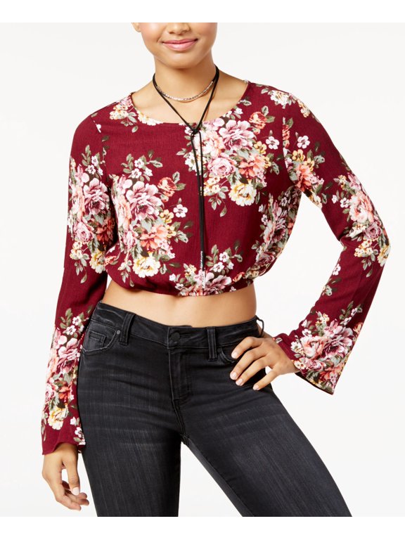 Polly Esther Juniors Printed Split Back Crop Top Wine M