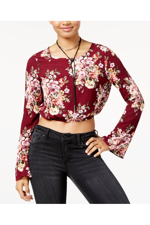 Juniors' Printed Split-Back Crop Top (Wine, M)