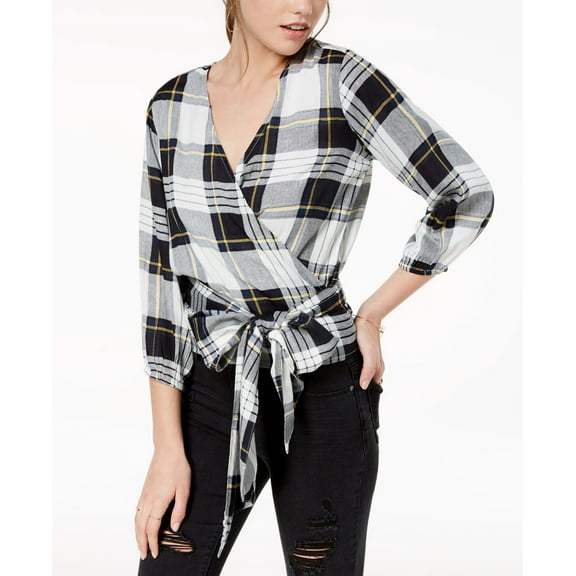 Polly Esther Juniors Printed Surplice Wrap Top Blue Plaid M