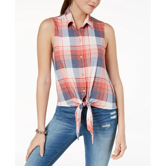 Polly Esther Juniors Printed Tie Front Top Navy Red Plaid M