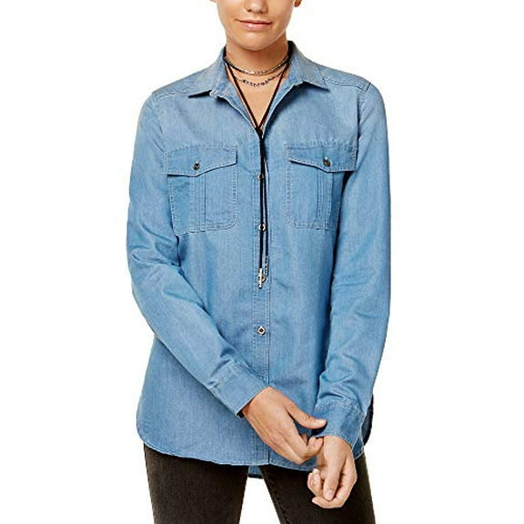 Polly & Esther Juniors' Project 28 Cotton Denim Shirt (X-Small, Light Blue)