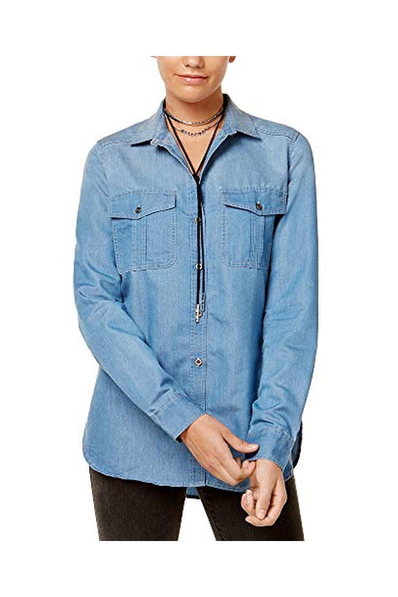 Juniors' Project 28 Cotton Denim Shirt (X-Small, Light Blue)