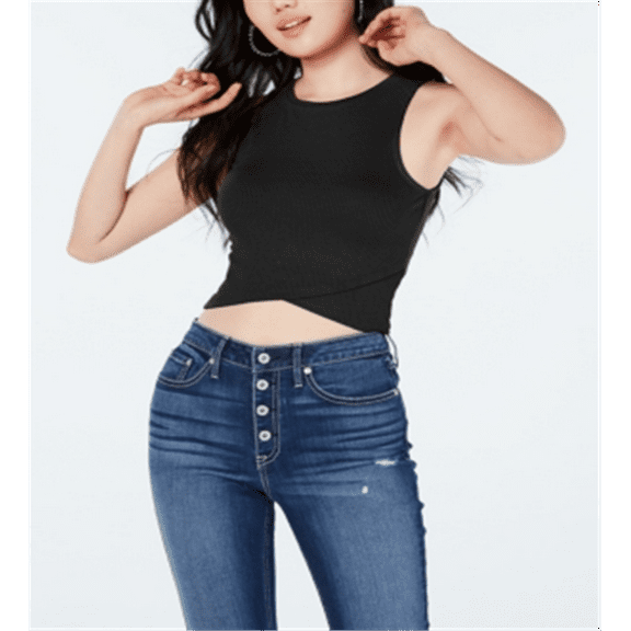 Polly & Esther Juniors' Rib-Knit Cropped Tulip-Hem Tank Top Black Size S