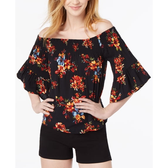 Polly Esther Juniors Smocked Printed Off The Shoulder Top Black Floral XS