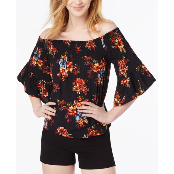Polly Esther Juniors Smocked Printed Off The Shoulder Top Black Floral XS