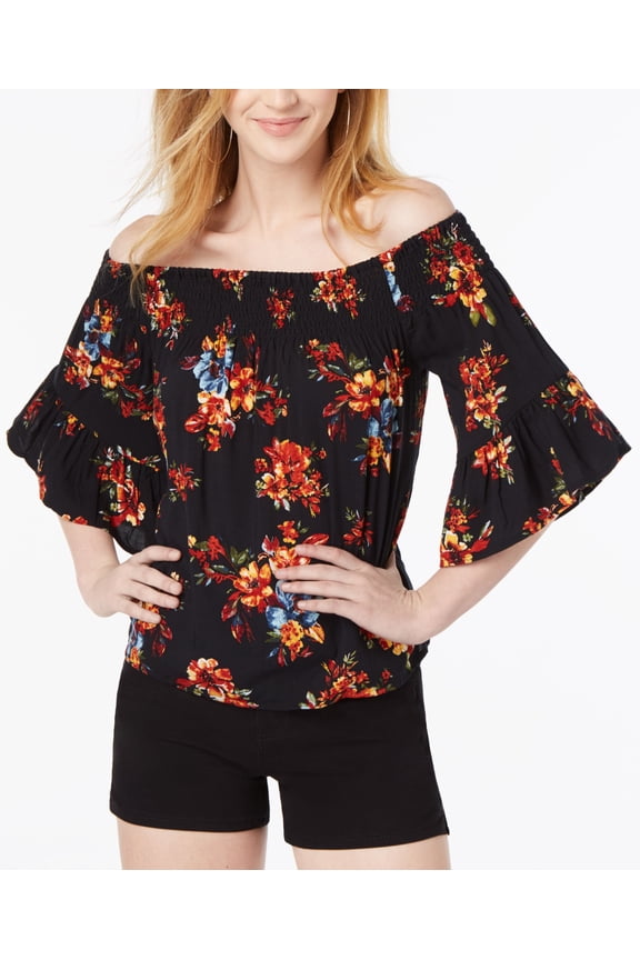 Polly Esther Juniors Smocked Printed Off The Shoulder Top Black Floral XS
