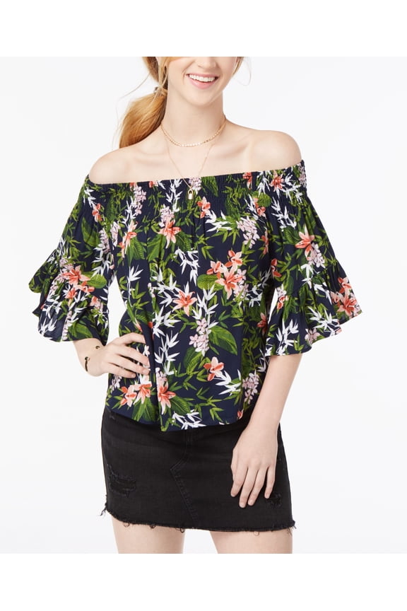 Polly Esther Juniors Smocked Printed Off The Shoulder Top Navy Floral L