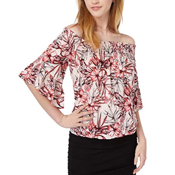 Polly & Esther Juniors' Smocked Printed Off-The-Shoulder Top (Pink Floral, S)