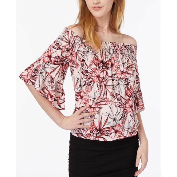 Polly Esther Juniors Smocked Printed Off The Shoulder Top Pink Floral XL