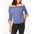 thumbnail image 1 of Polly Esther Juniors Striped Off The Shoulder Ruched Sleeve Top White Blue L, 1 of 1