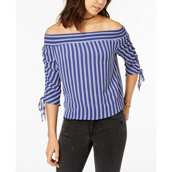 Polly Esther Juniors Striped Off The Shoulder Ruched Sleeve Top White Blue L