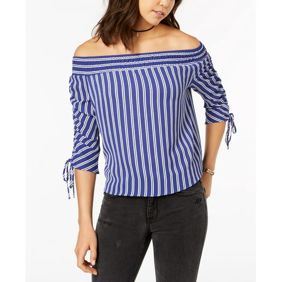 Polly Esther Juniors Striped Off The Shoulder Ruched Sleeve Top White Blue L