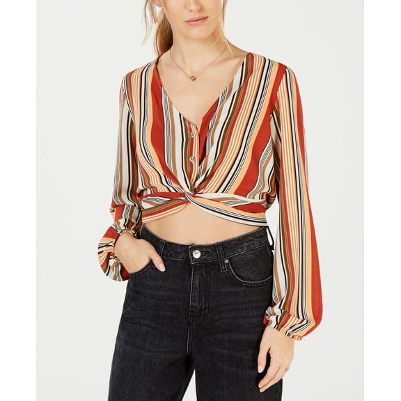 Polly Esther Juniors Striped Twist Detailed Button Front Top Rust Stripe L
