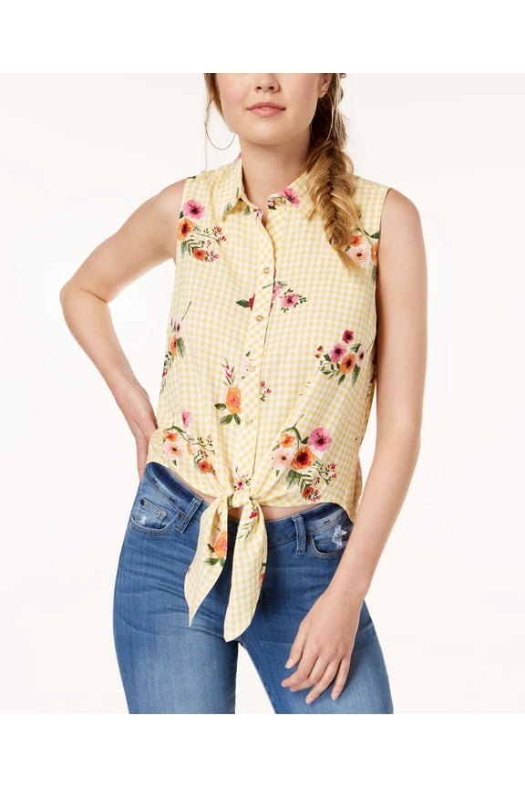 Polly Esther Juniors Tie Front Blouse Yellow White Gingham XL