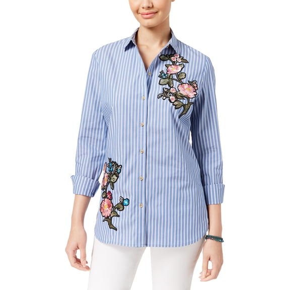 Polly & Esther Womens Juniors Embroidered Striped Button-Down Top