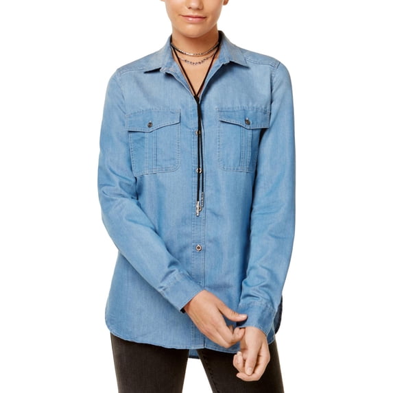 Polly & Esther Womens Juniors Floral Long Sleeves Button-Down Top Blue L