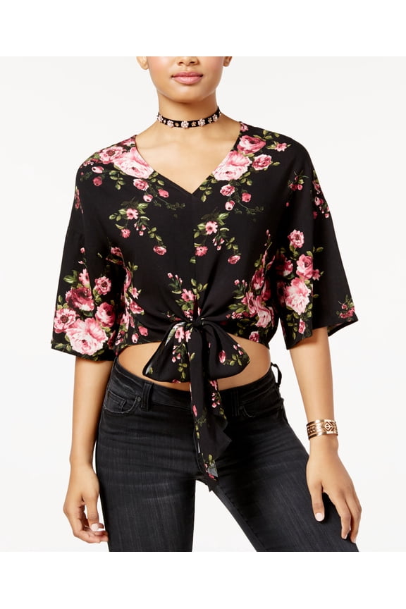 Polly Esther Juniors Cotton Tie Front Crop Top Black XL