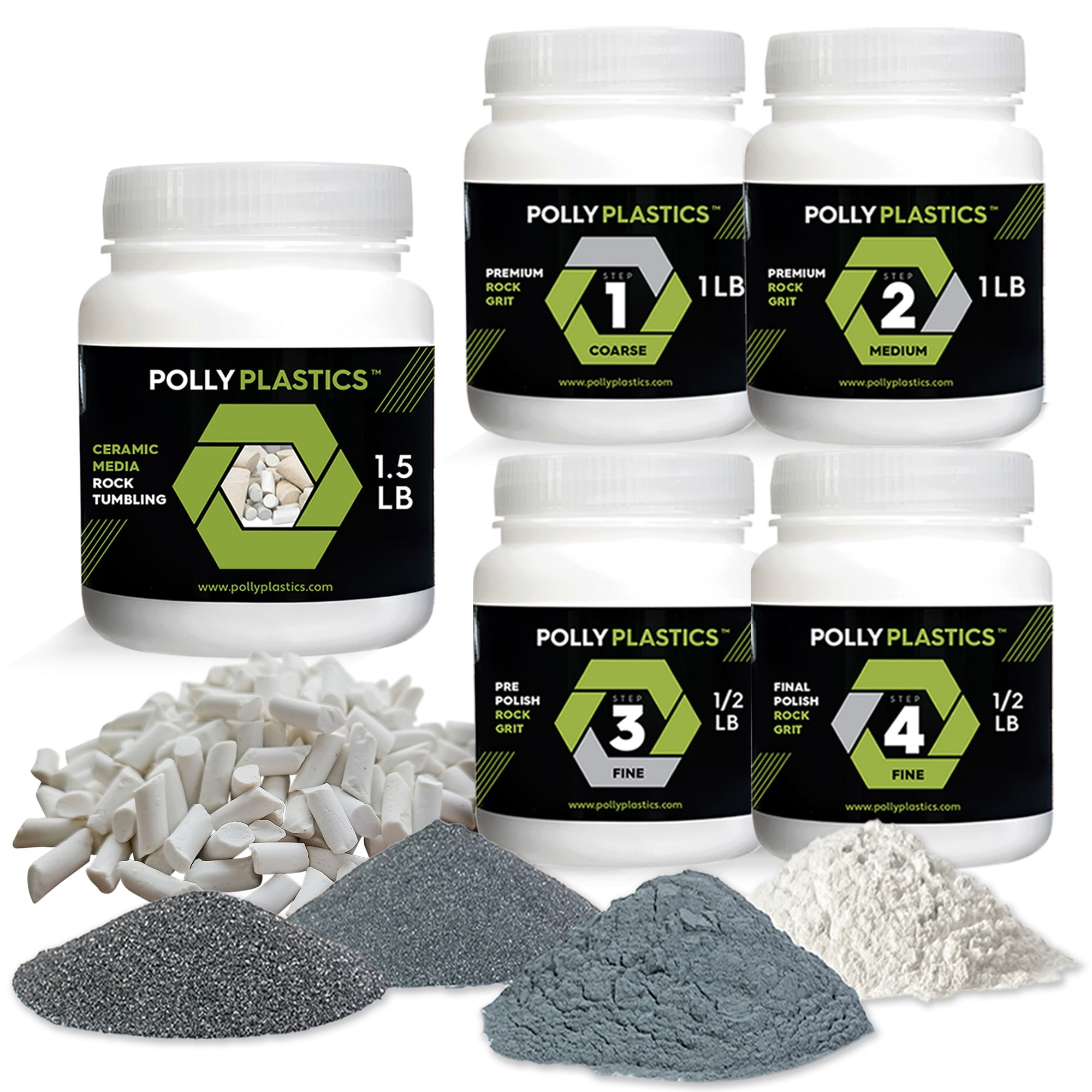 Polly Plastics Rock Tumbler Grit Kit & Ceramic Tumbling Filler Media