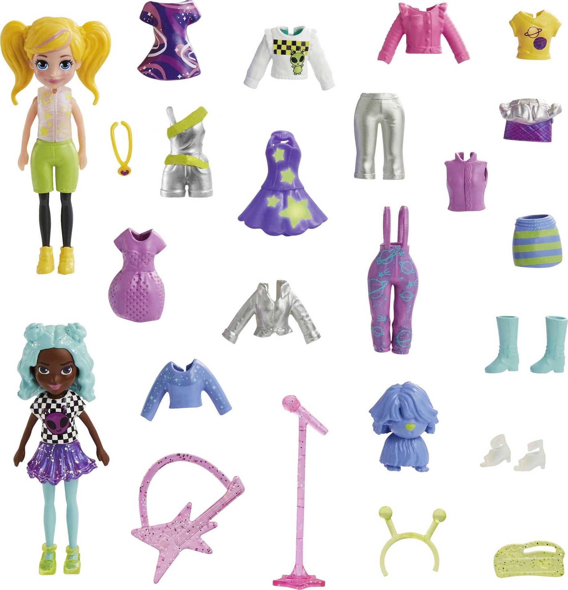 Polly Pocket 2 Dolls and 25 Accessories, Glow-in-the-Dark Pop Star