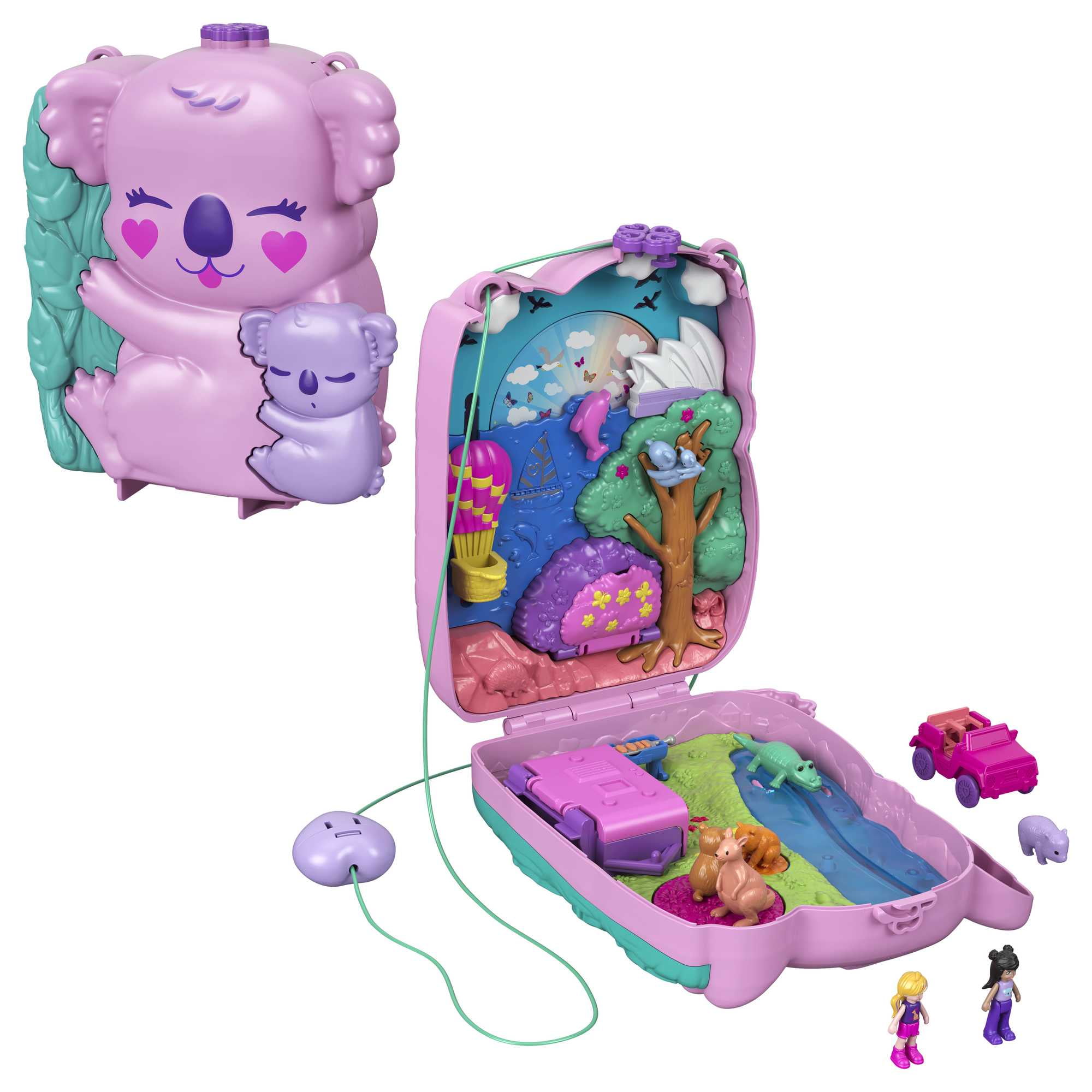 Polly Pocket 2-in-1 Koala Purse Travel Toy with 2 Micro Dolls, 1 Toy Car and 5 Animals