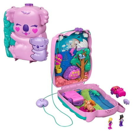 Polly Pocket 2-in-1 Koala Purse Travel Toy with 2 Micro Dolls, 1 Toy Car and 5 Animals